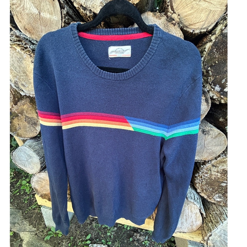 Marine Layer Lost & Found Navy Rainbow Stripe Crew Neck Sweater Mens L Organic